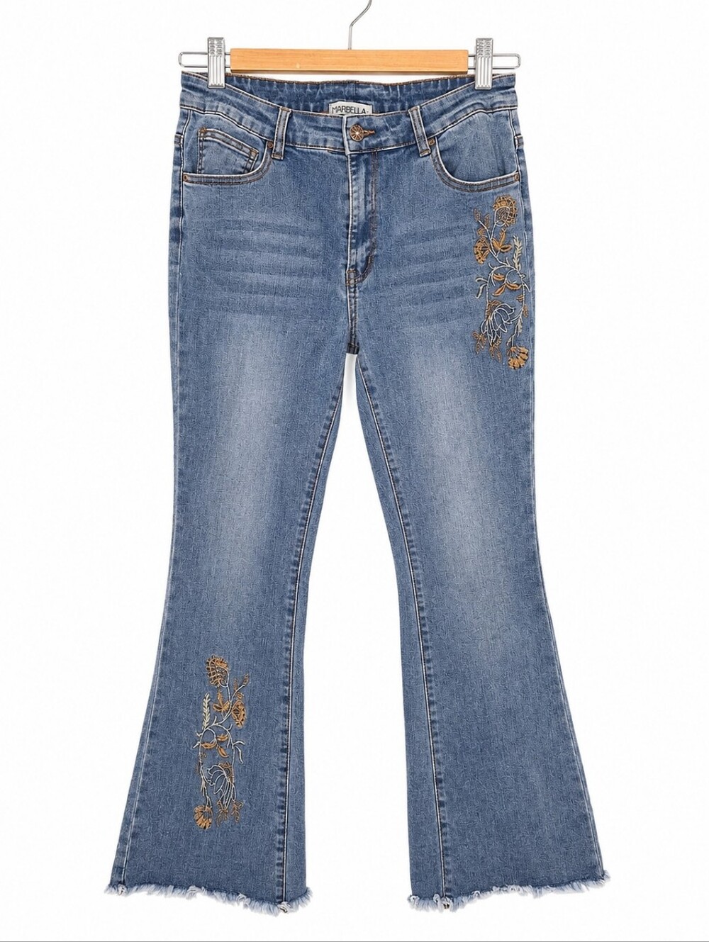 Marbella Embroidered Flare Jeans Size 12 | Boho Floral Stretch Denim